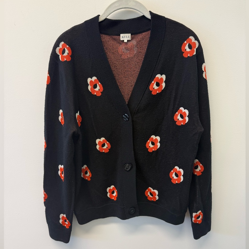 🌸 KULE Black Floral Knit Button Cardigan Sweater Red & White Daisy Print Size M